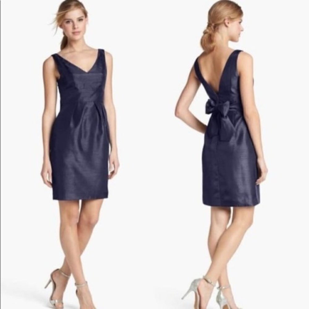 Jenny Yoo Blue Cadie Bow Detail Shantung Sleeveless Sheath Dress Size 18